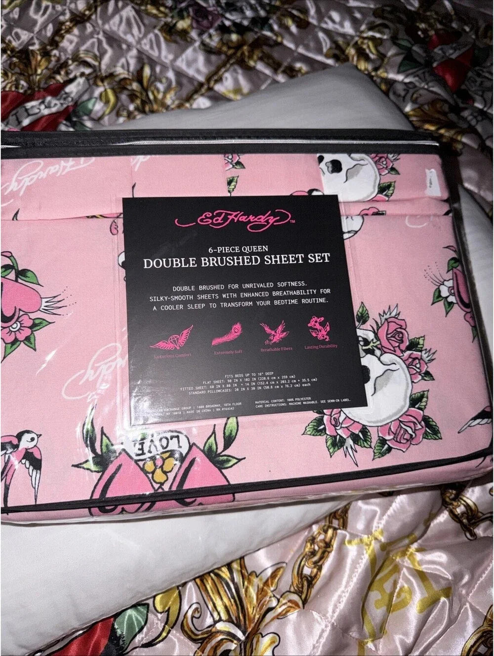 ED HARDY Queen Pink Sheet Set 6pc New Flowers Skull Roses Heart Grunge Y2K